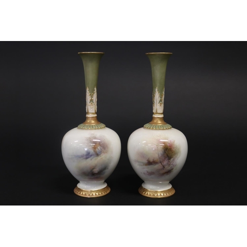 322 - Pair of Royal Worcester fluted vases, 'Pheasants' by John Stinton, of squat form with long neck, pai... 