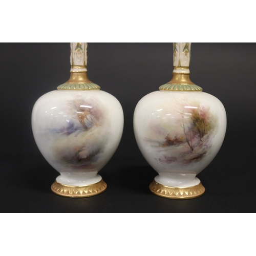 322 - Pair of Royal Worcester fluted vases, 'Pheasants' by John Stinton, of squat form with long neck, pai... 