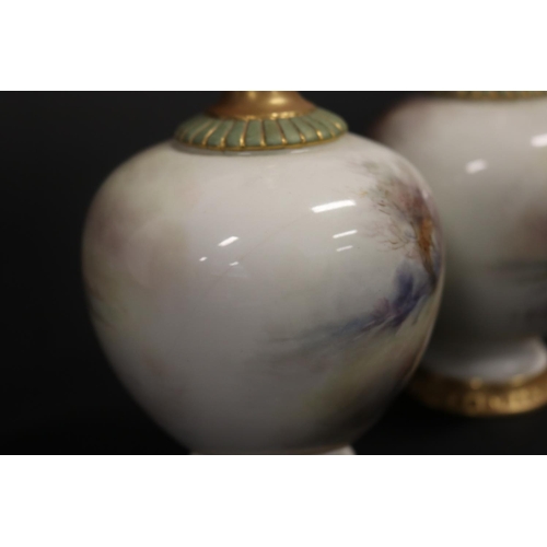 322 - Pair of Royal Worcester fluted vases, 'Pheasants' by John Stinton, of squat form with long neck, pai... 