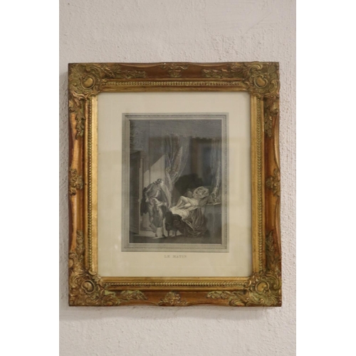 377 - Well framed antique engraving Le Matin, approx 22cm x 17cm