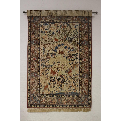 427 - Fine Persian silk Qum wild animal carpet, Ex Persian Carlet Gallery 1979. approx 107cm x 170cm