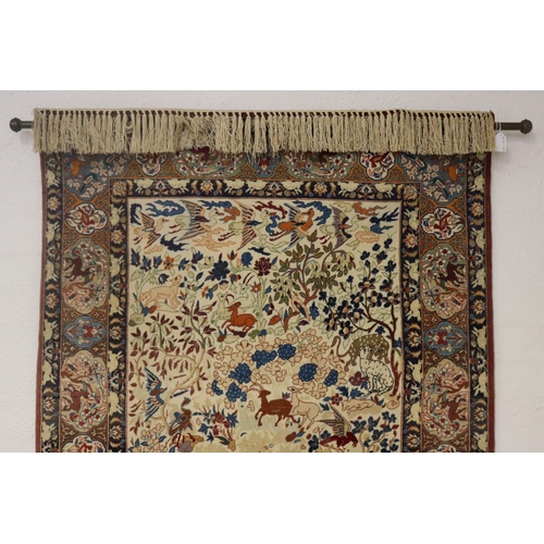 427 - Fine Persian silk Qum wild animal carpet, Ex Persian Carlet Gallery 1979. approx 107cm x 170cm