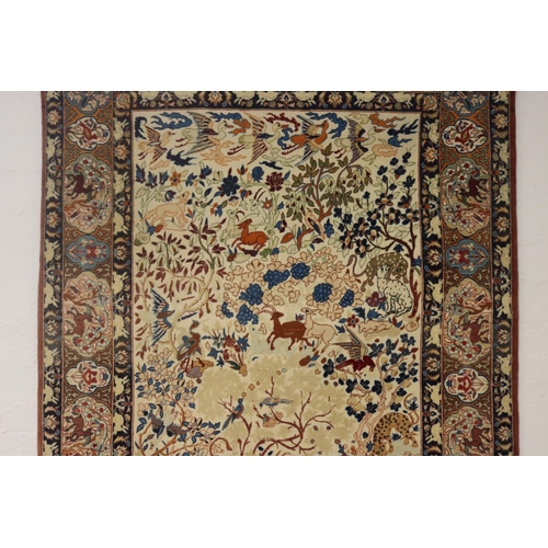 427 - Fine Persian silk Qum wild animal carpet, Ex Persian Carlet Gallery 1979. approx 107cm x 170cm