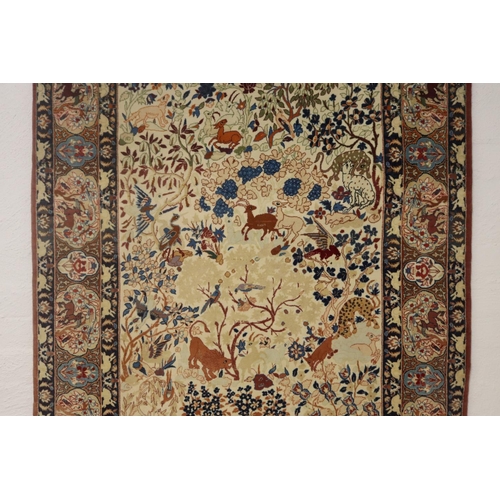 427 - Fine Persian silk Qum wild animal carpet, Ex Persian Carlet Gallery 1979. approx 107cm x 170cm