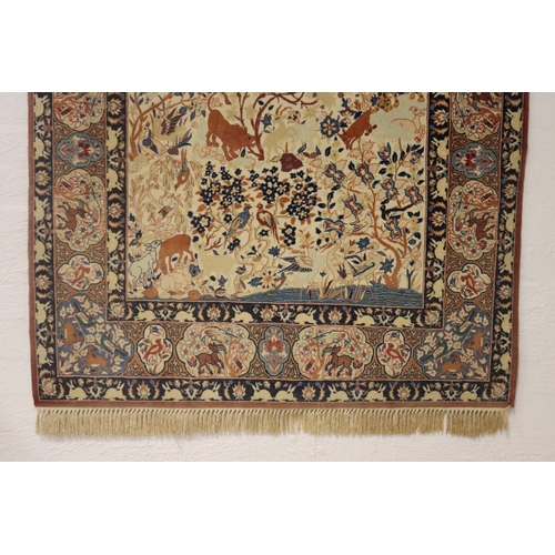 427 - Fine Persian silk Qum wild animal carpet, Ex Persian Carlet Gallery 1979. approx 107cm x 170cm