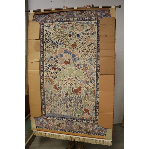 427 - Fine Persian silk Qum wild animal carpet, Ex Persian Carlet Gallery 1979. approx 107cm x 170cm