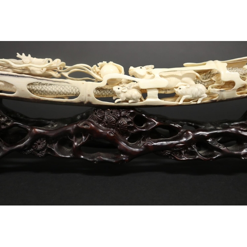 308 - Rare finely carved ancient mammoth ivory tusk section, later carved with the twelve zodiac animals. ... 