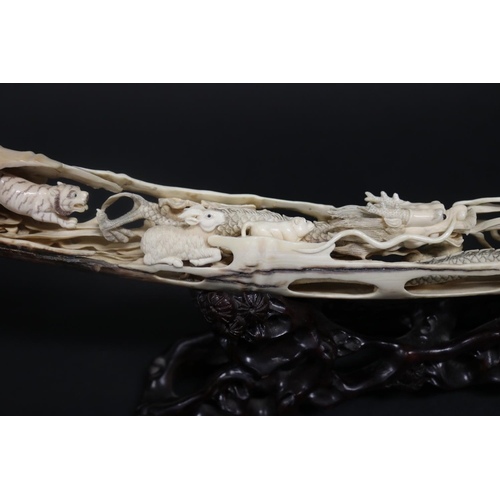 308 - Rare finely carved ancient mammoth ivory tusk section, later carved with the twelve zodiac animals. ... 