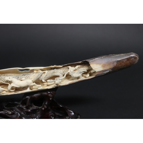 308 - Rare finely carved ancient mammoth ivory tusk section, later carved with the twelve zodiac animals. ... 