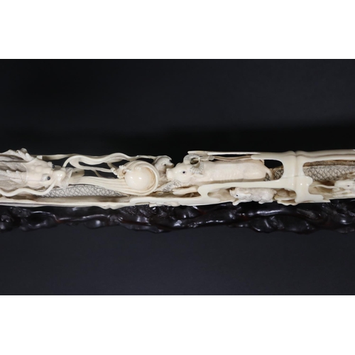 308 - Rare finely carved ancient mammoth ivory tusk section, later carved with the twelve zodiac animals. ... 