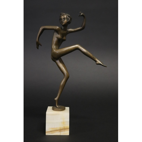 324 - Art Deco style bronze figure of a dancer on square onyx base, approx 33cm H (Af to fingers)