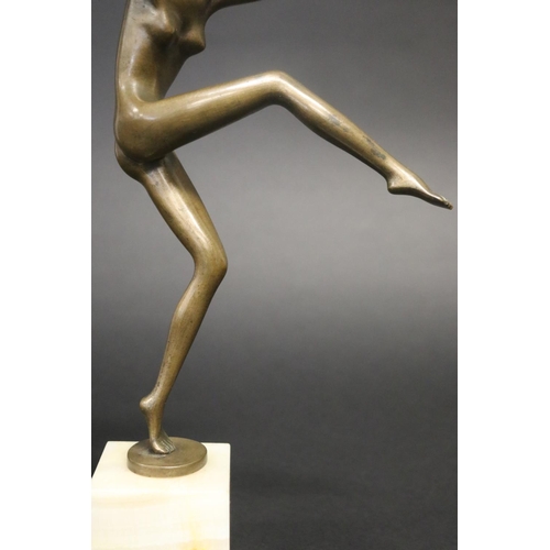 324 - Art Deco style bronze figure of a dancer on square onyx base, approx 33cm H (Af to fingers)