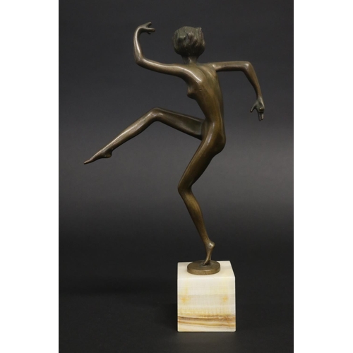 324 - Art Deco style bronze figure of a dancer on square onyx base, approx 33cm H (Af to fingers)