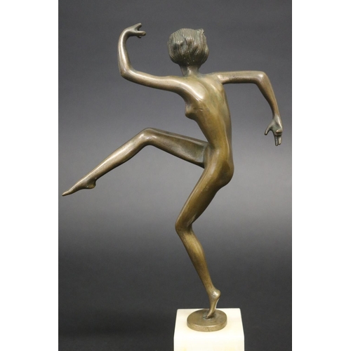 324 - Art Deco style bronze figure of a dancer on square onyx base, approx 33cm H (Af to fingers)