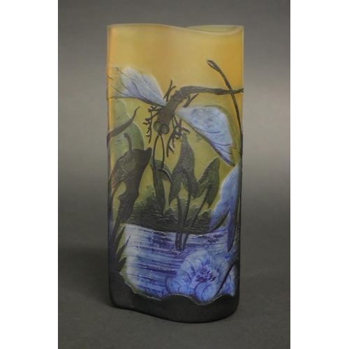 341 - Galle style blue & yellow dragonfly vase, approx 24cm H