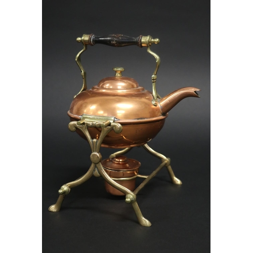 355 - Copper & brass spirit kettle with burner, approx 27cm H