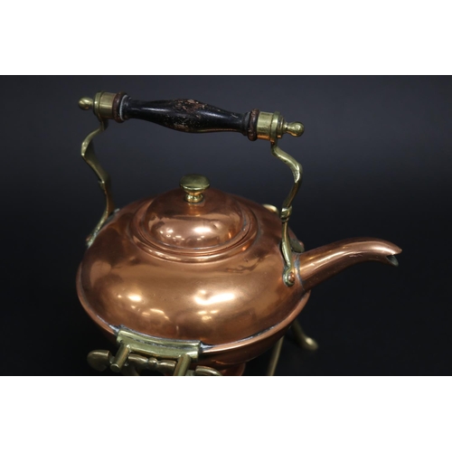 355 - Copper & brass spirit kettle with burner, approx 27cm H