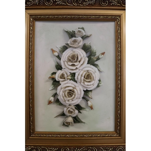 435 - Two framed porcelain sprays of flowers & foliage in high relief, approx 43 cm x 35 cm including fram... 