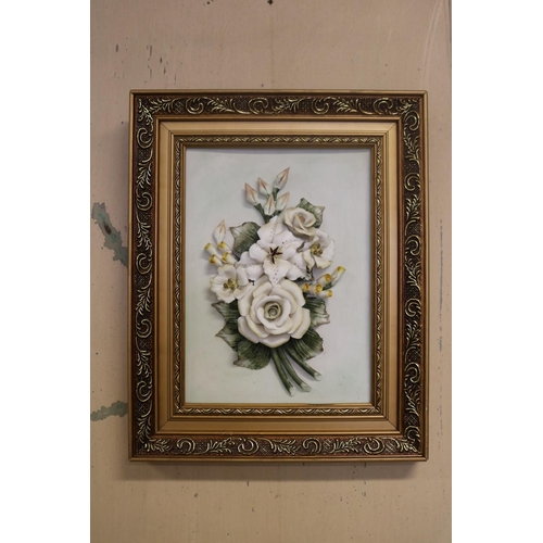 435 - Two framed porcelain sprays of flowers & foliage in high relief, approx 43 cm x 35 cm including fram... 