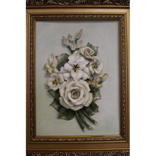 435 - Two framed porcelain sprays of flowers & foliage in high relief, approx 43 cm x 35 cm including fram... 