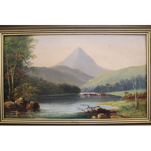 443 - J. Liddell Australia, two landscapes, untitled, oils on boards, signed lower right, 21 cm x 36 cm (2... 