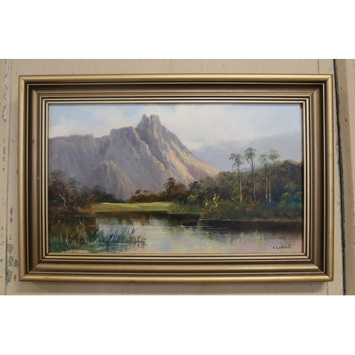 443 - J. Liddell Australia, two landscapes, untitled, oils on boards, signed lower right, 21 cm x 36 cm (2... 