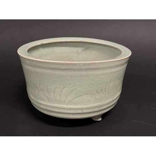 509 - Antique 13th century longquan Celadon censer oval tri footed censer, incised central body decoration... 
