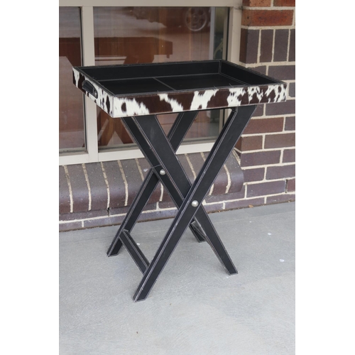 187 - Cow hide X frame tray table, approx 81cm H x 64cm W excluding handles x 47cm D