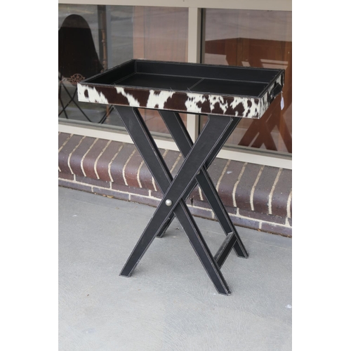 187 - Cow hide X frame tray table, approx 81cm H x 64cm W excluding handles x 47cm D