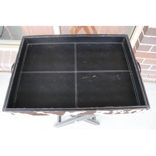 187 - Cow hide X frame tray table, approx 81cm H x 64cm W excluding handles x 47cm D