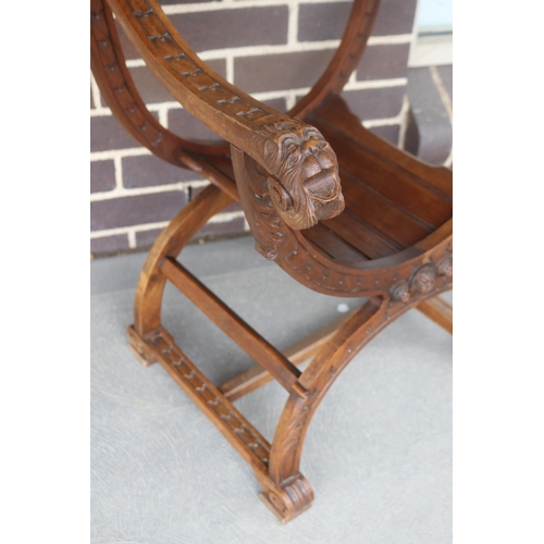 189 - Antique French Renaissance revival carved walnut X frame chair