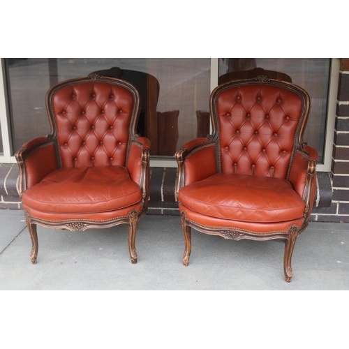 193 - Pair of French Louis XV style leather armchairs with deep buttoned backs (2)