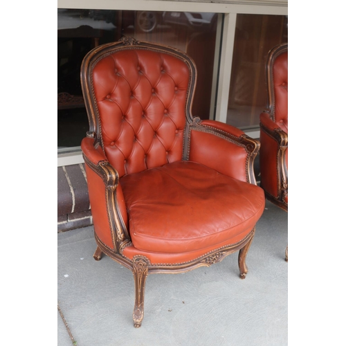 193 - Pair of French Louis XV style leather armchairs with deep buttoned backs (2)