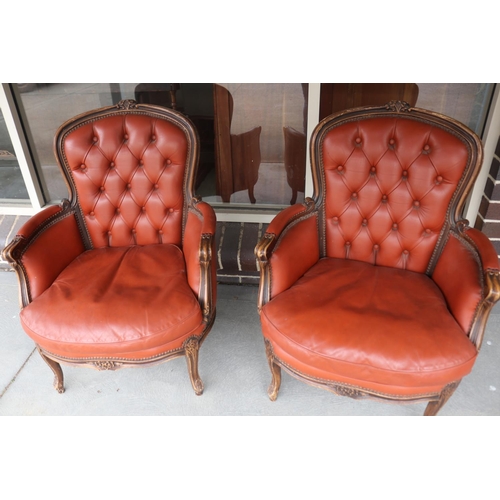 193 - Pair of French Louis XV style leather armchairs with deep buttoned backs (2)