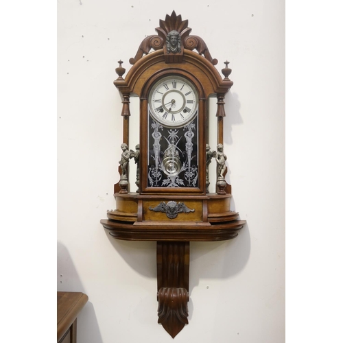 372 - Antique American Ansonia clock on bracket, has pendulum but no key, untested, approx 100cm H includi... 