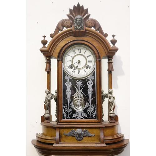 372 - Antique American Ansonia clock on bracket, has pendulum but no key, untested, approx 100cm H includi... 