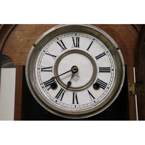 372 - Antique American Ansonia clock on bracket, has pendulum but no key, untested, approx 100cm H includi... 