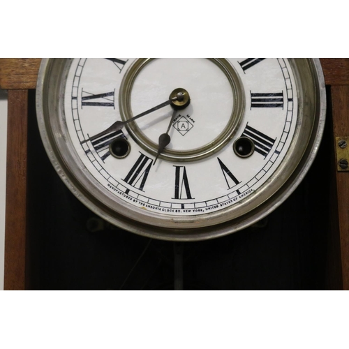 372 - Antique American Ansonia clock on bracket, has pendulum but no key, untested, approx 100cm H includi... 