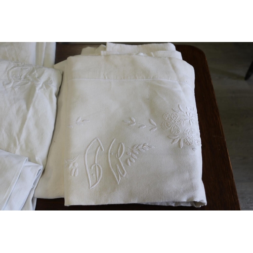 483 - Four Antique French linen bed sheets, with initials, please note no measurements will be provided fo... 
