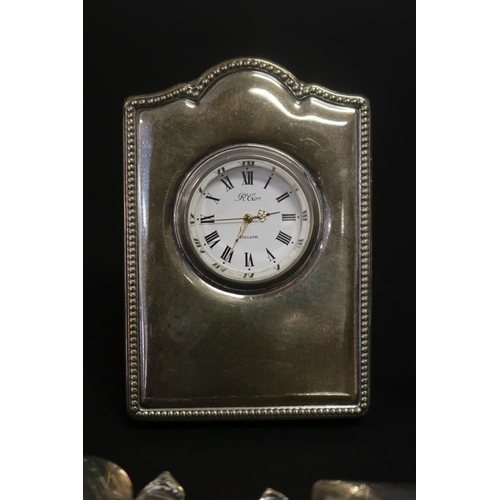 123 - English sterling silver mounted bedside clock, (needs new battery) three hallmarked English sterling... 