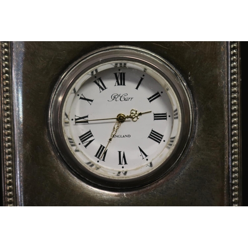 123 - English sterling silver mounted bedside clock, (needs new battery) three hallmarked English sterling... 