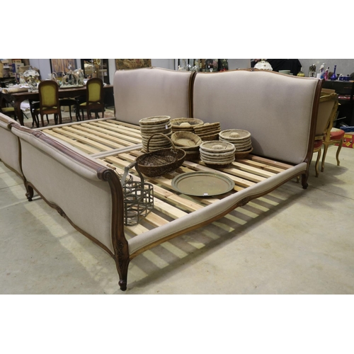 379 - French Louis XV style fruitwood queen size sleigh bed, with slats, approx 113cm H x 242cm L x 164cm ... 