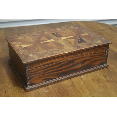 381 - Old French specimen wood box, missing pin for hinge, approx 13cm H x 42cm W x 27cm D