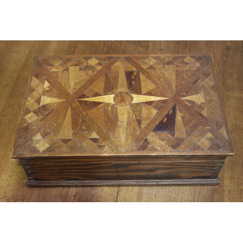 381 - Old French specimen wood box, missing pin for hinge, approx 13cm H x 42cm W x 27cm D