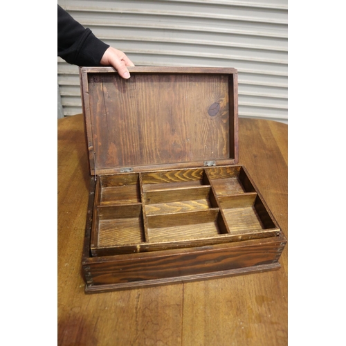 381 - Old French specimen wood box, missing pin for hinge, approx 13cm H x 42cm W x 27cm D