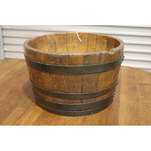 383 - French metal banded oak wooden bucket, approx 24cm H x 39cm Dia