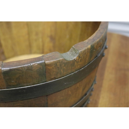 383 - French metal banded oak wooden bucket, approx 24cm H x 39cm Dia