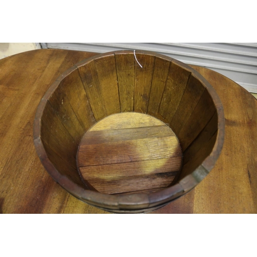 383 - French metal banded oak wooden bucket, approx 24cm H x 39cm Dia