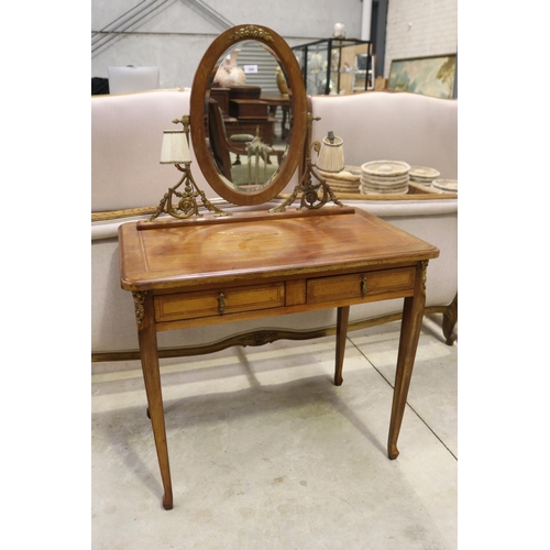 399 - Vintage two drawer French Dressing table, mirrored back gilt brass supports and fitted with two ligh... 