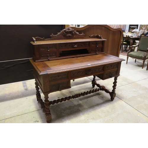 407 - Antique French carved oak Henri II desk, approx 122cm H x 130cm W x 66cm D